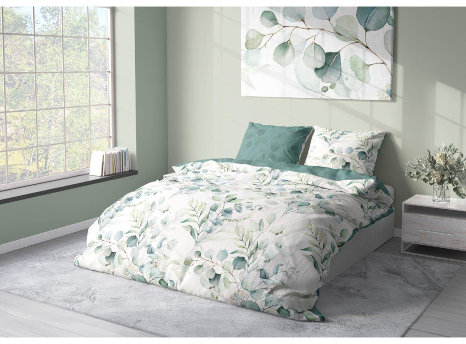 Saténové obliečky MILAGRO VERDE Vetvičky - biele / zelené - 220x200 cm