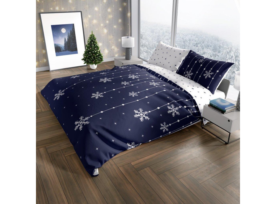 Bavlnené obliečky SCANDIC Vločky - tmavo modré / biele - 220x200 cm