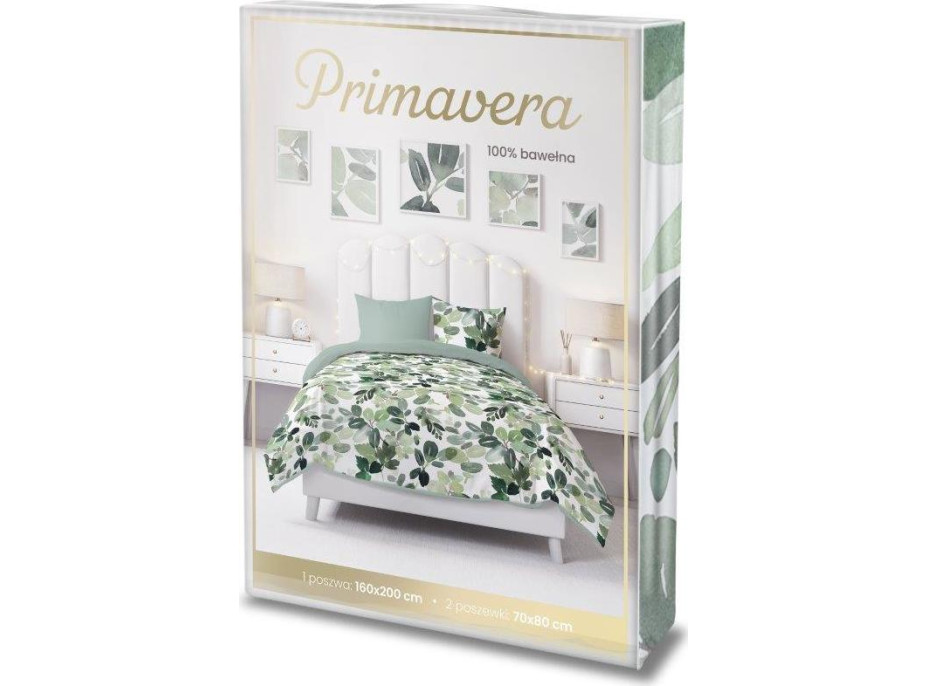 Bavlnené obliečky PRIMAVERA Listy - biele / zelené - 160x200 cm