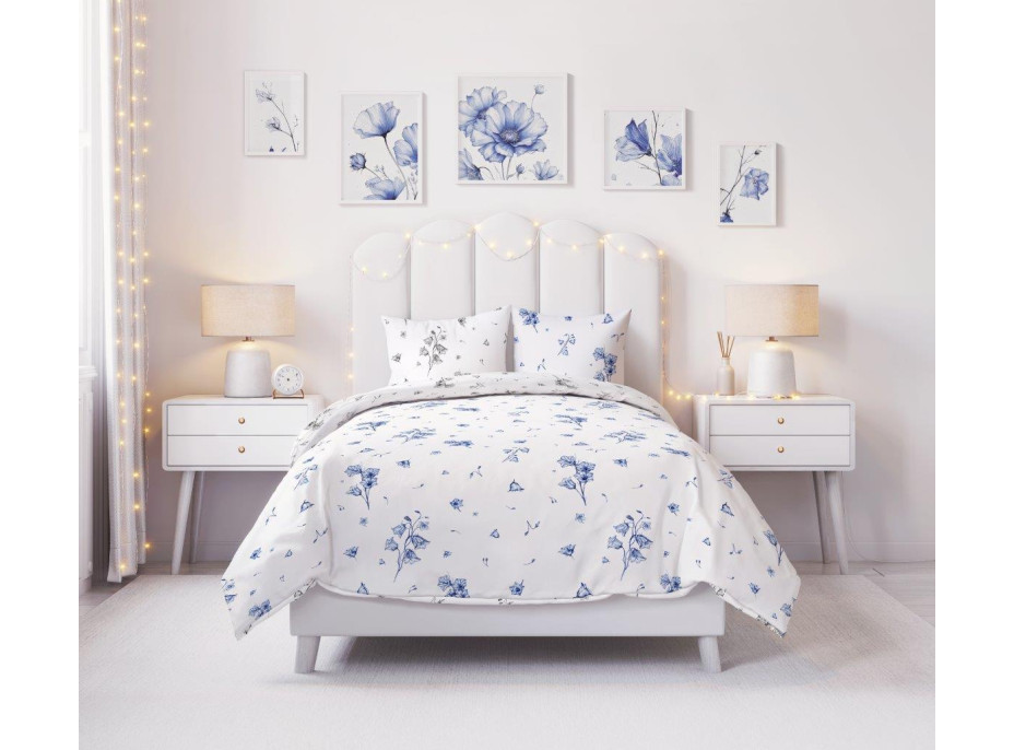 Bavlnené obliečky PRIMAVERA Modré zvončeky - biele - 220x200 cm