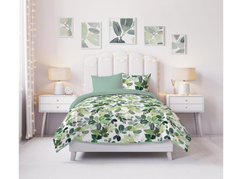 Bavlnené obliečky PRIMAVERA Listy - biele / zelené - 220x200 cm