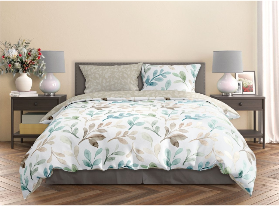 Saténové obliečky MILAGRO VERDE Pastelové lístky - biele/béžové - 140x200 cm