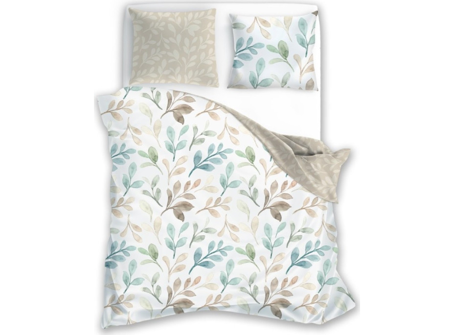 Saténové obliečky MILAGRO VERDE Pastelové lístky - biele/béžové - 140x200 cm