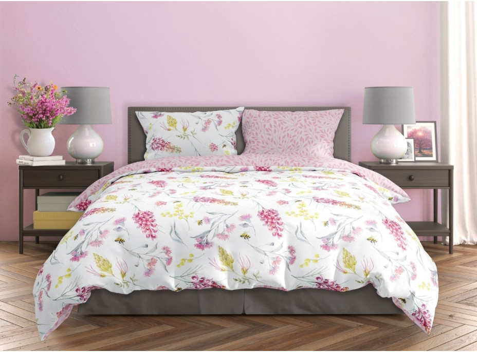 Saténové obliečky MILAGRO VERDE Kvety a včielky - biele / ružové - 140x200 cm