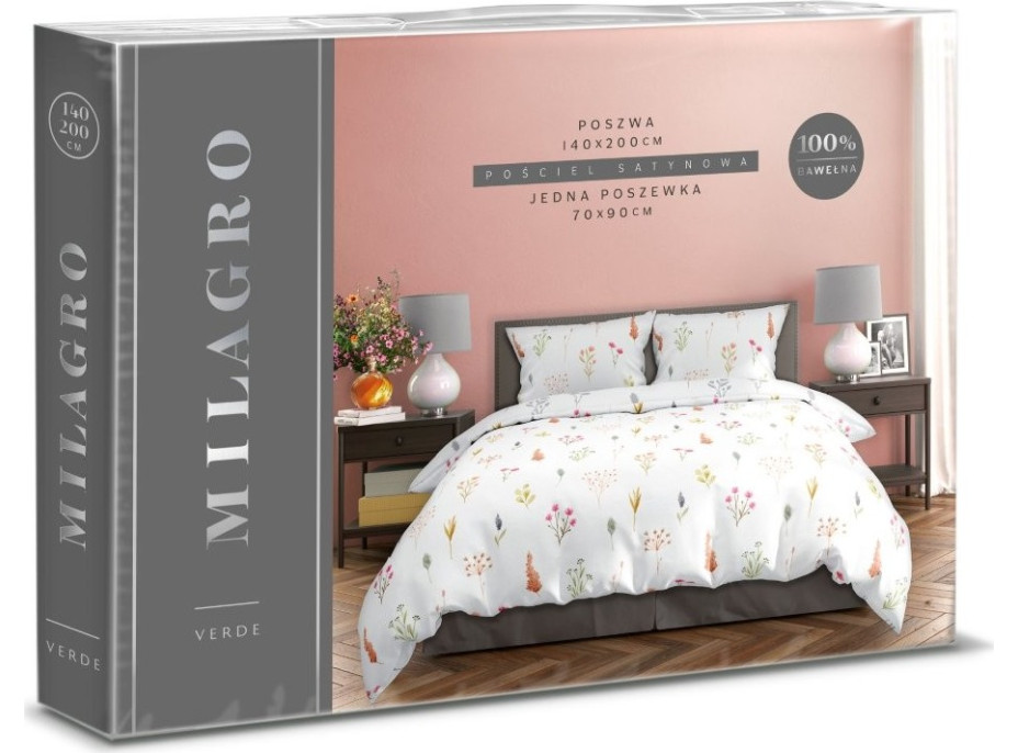 Saténové obliečky MILAGRO VERDE Byliny - biele / šedé - 140x200 cm