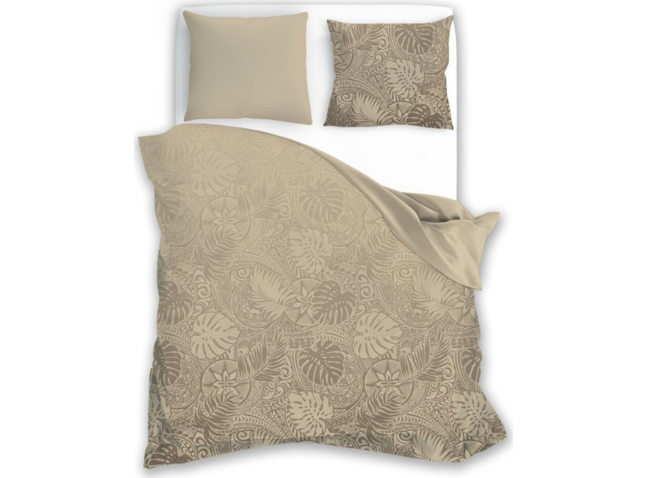Saténové obliečky MILAGRO VERDE Monstera - béžové - 140x200 cm