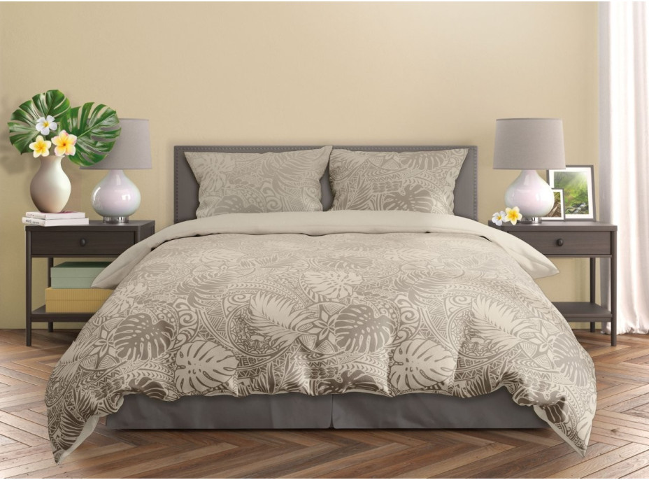 Saténové obliečky MILAGRO VERDE Monstera - béžové - 140x200 cm