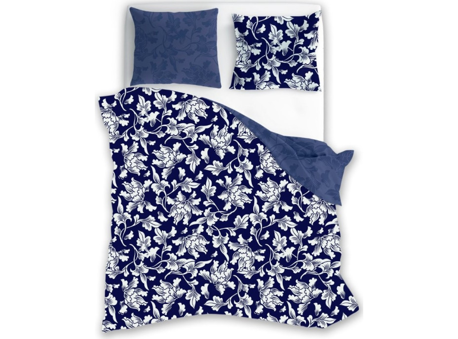 Saténové obliečky MILAGRO VERDE Biele kvety - modré / tmavo modré - 140x200 cm