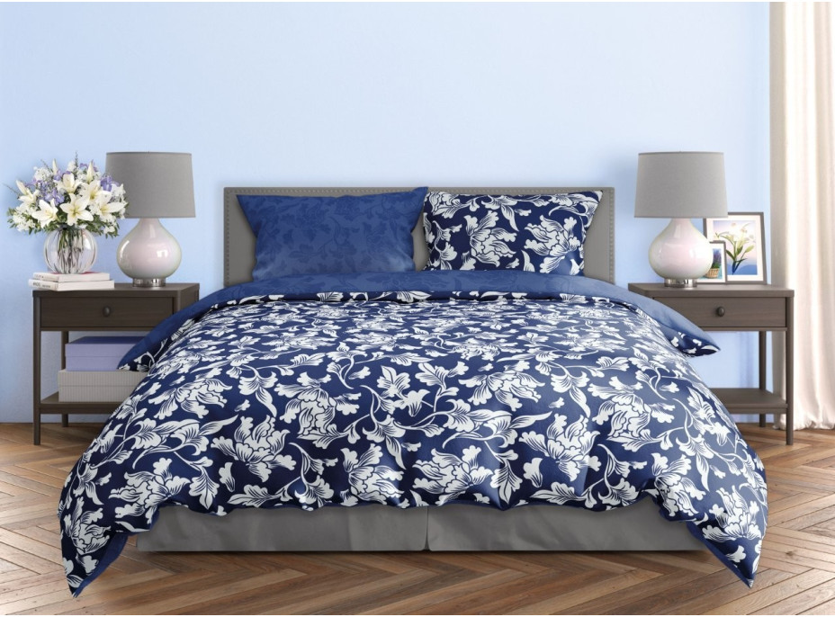 Saténové obliečky MILAGRO VERDE Biele kvety - modré / tmavo modré - 140x200 cm