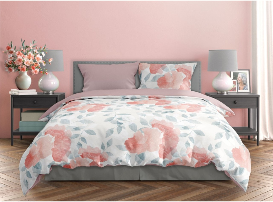 Saténové obliečky MILAGRO VERDE Ružové kvety - biele / ružové - 140x200 cm