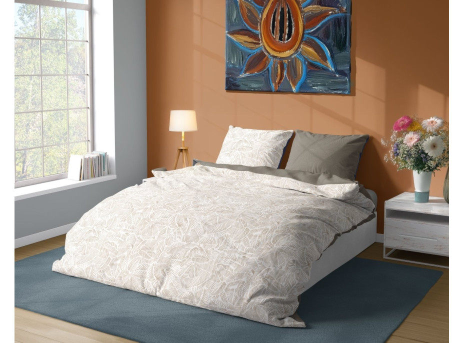 Saténové obliečky MILAGRO VERDE Béžové listy - biele / hnedé - 140x200 cm