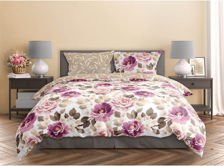 Saténové obliečky MILAGRO VERDE Fialové kvety - biele / béžové - 160x200 cm