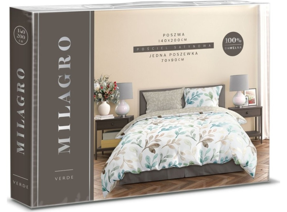Saténové obliečky MILAGRO VERDE Pastelové lístky - biele/béžové - 160x200 cm