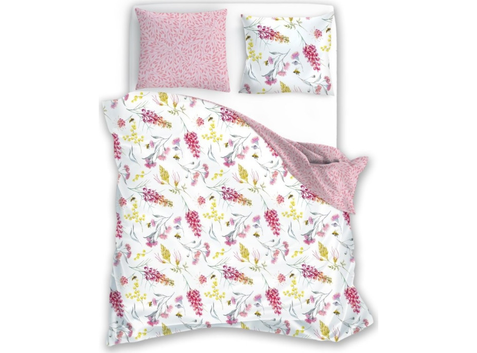 Saténové obliečky MILAGRO VERDE Kvety a včielky - biele / ružové - 160x200 cm
