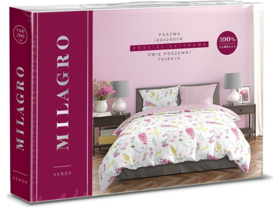 Saténové obliečky MILAGRO VERDE Kvety a včielky - biele / ružové - 160x200 cm