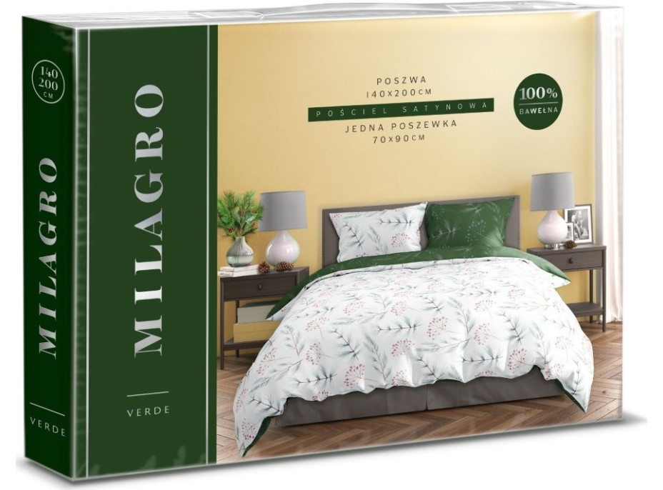 Saténové obliečky MILAGRO VERDE Zimné vetvičky - biele / zelené - 160x200 cm