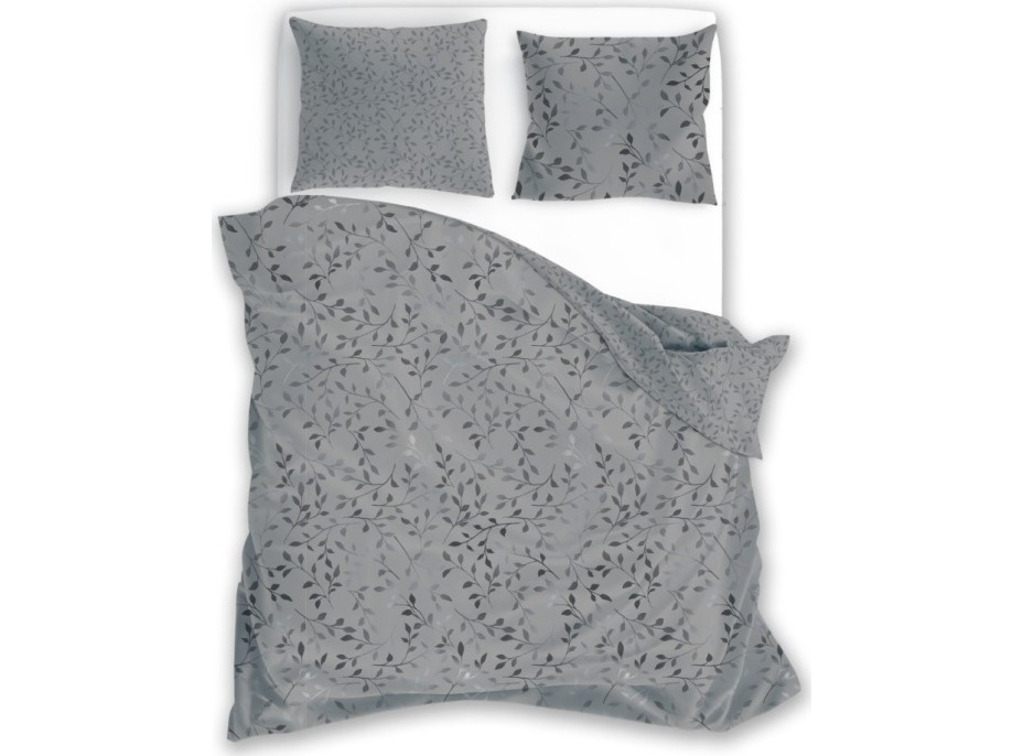 Saténové obliečky MILAGRO VERDE Šedé lístky - šedé - 160x200 cm