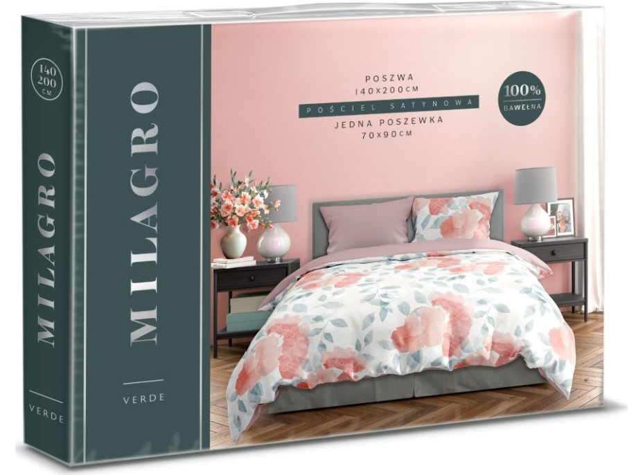 Saténové obliečky MILAGRO VERDE Ružové kvety - biele / ružové - 160x200 cm
