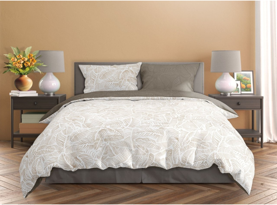 Saténové obliečky MILAGRO VERDE Béžové listy - biele / hnedé - 160x200 cm