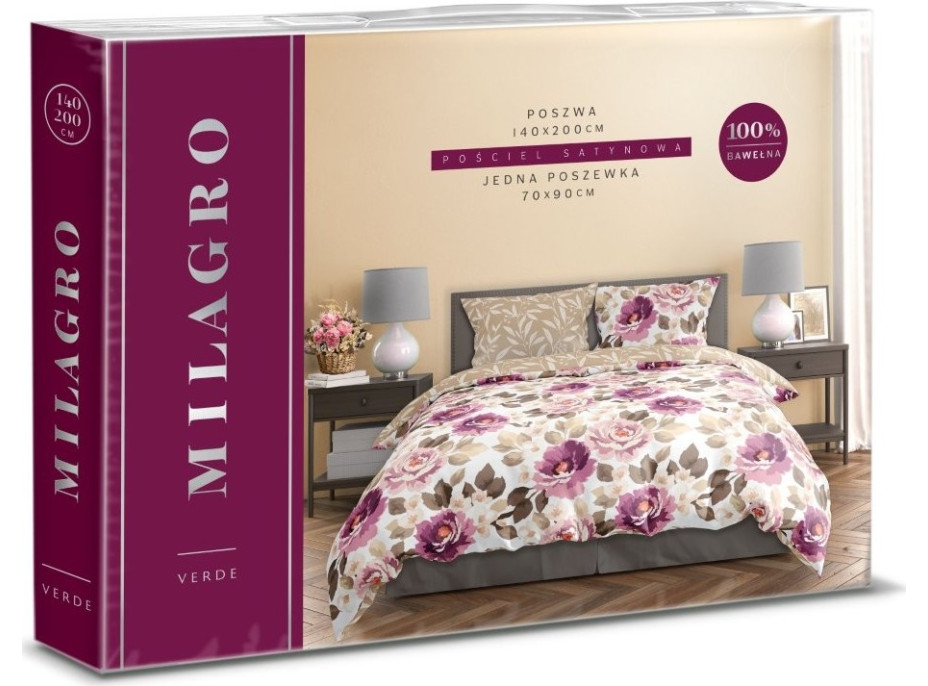 Saténové obliečky MILAGRO VERDE Fialové kvety - biele / béžové - 220x200 cm