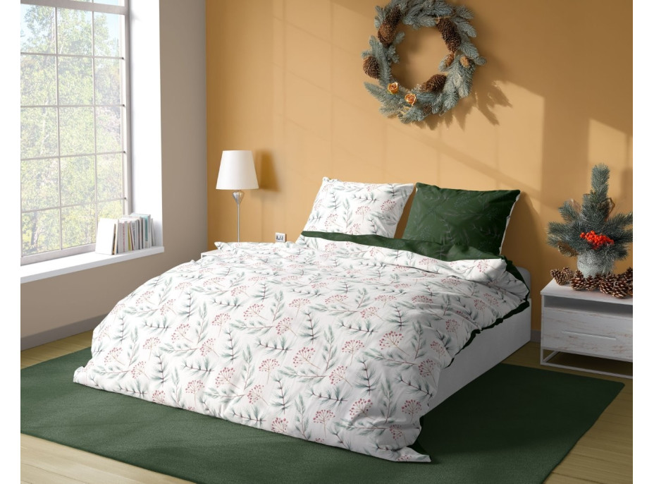 Saténové obliečky MILAGRO VERDE Zimné vetvičky - biele / zelené - 220x200 cm