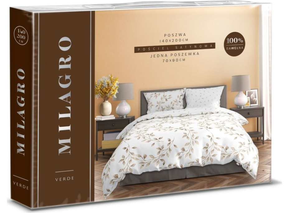 Saténové obliečky MILAGRO VERDE Jemné lístky - biele - 220x200 cm