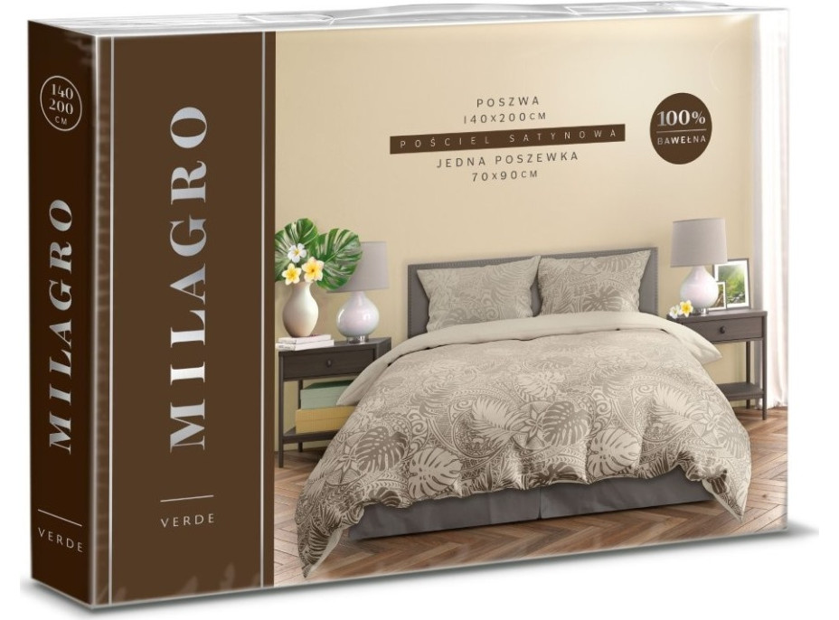 Saténové obliečky MILAGRO VERDE Monstera - béžové - 220x200 cm