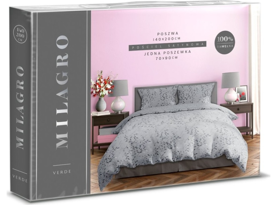 Saténové obliečky MILAGRO VERDE Šedé lístky - šedé - 220x200 cm