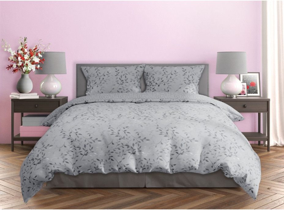 Saténové obliečky MILAGRO VERDE Šedé lístky - šedé - 220x200 cm