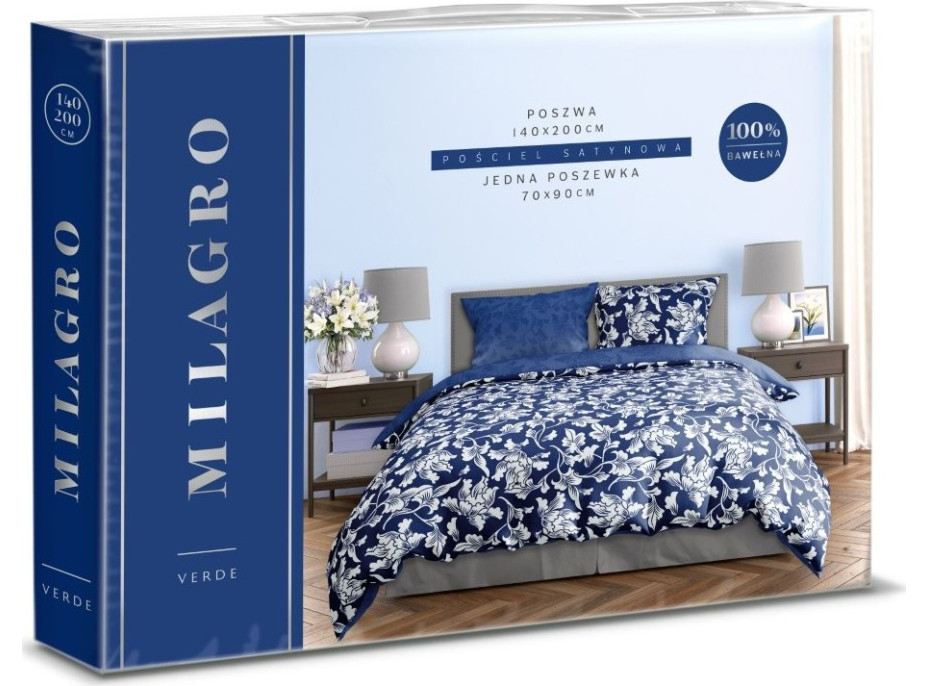 Saténové obliečky MILAGRO VERDE Biele kvety - modré / tmavo modré - 220x200 cm