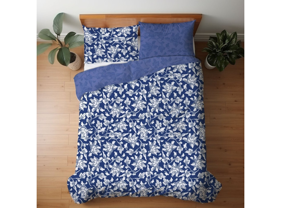 Saténové obliečky MILAGRO VERDE Biele kvety - modré / tmavo modré - 220x200 cm