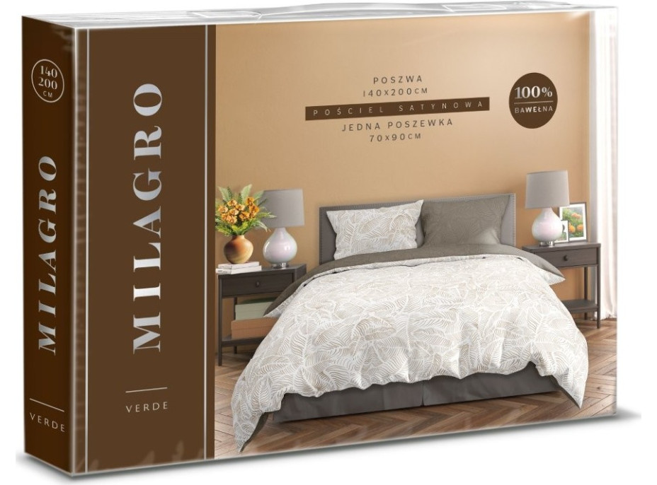 Saténové obliečky MILAGRO VERDE Béžové listy - biele / hnedé - 220x200 cm