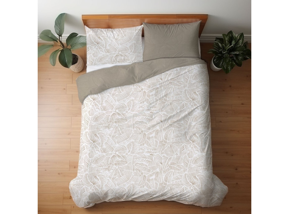 Saténové obliečky MILAGRO VERDE Béžové listy - biele / hnedé - 220x200 cm