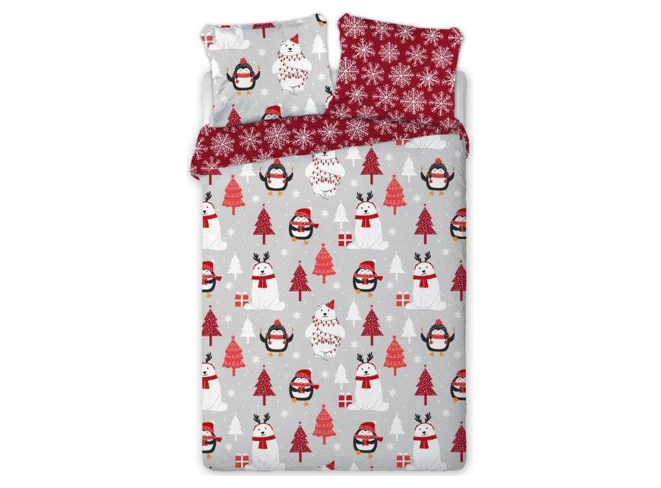 Bavlnené obliečky SCANDIC Tučniaky a ľadové medvede - šedé / červené - 160x220 cm