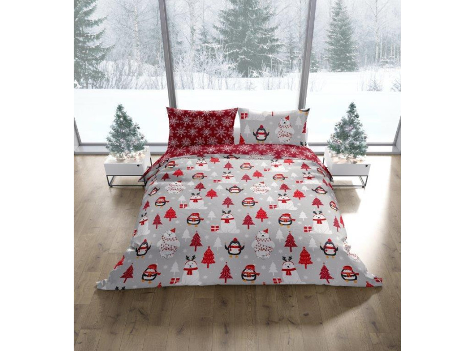 Bavlnené obliečky SCANDIC Tučniaky a ľadové medvede - šedé / červené - 160x220 cm