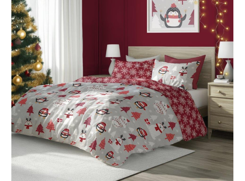 Bavlnené obliečky SCANDIC Tučniaky a ľadové medvede - šedé / červené - 160x220 cm
