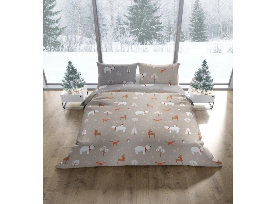 Bavlnené obliečky SCANDIC Zvieratká v lese - béžové / šedé - 160x200 cm