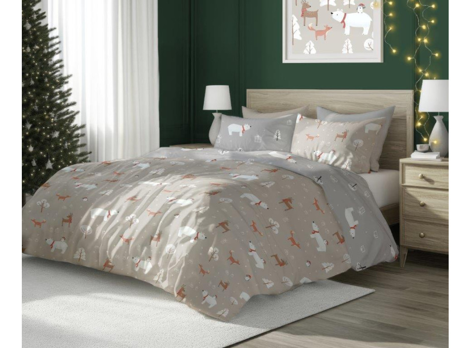 Bavlnené obliečky SCANDIC Zvieratká v lese - béžové / šedé - 160x200 cm