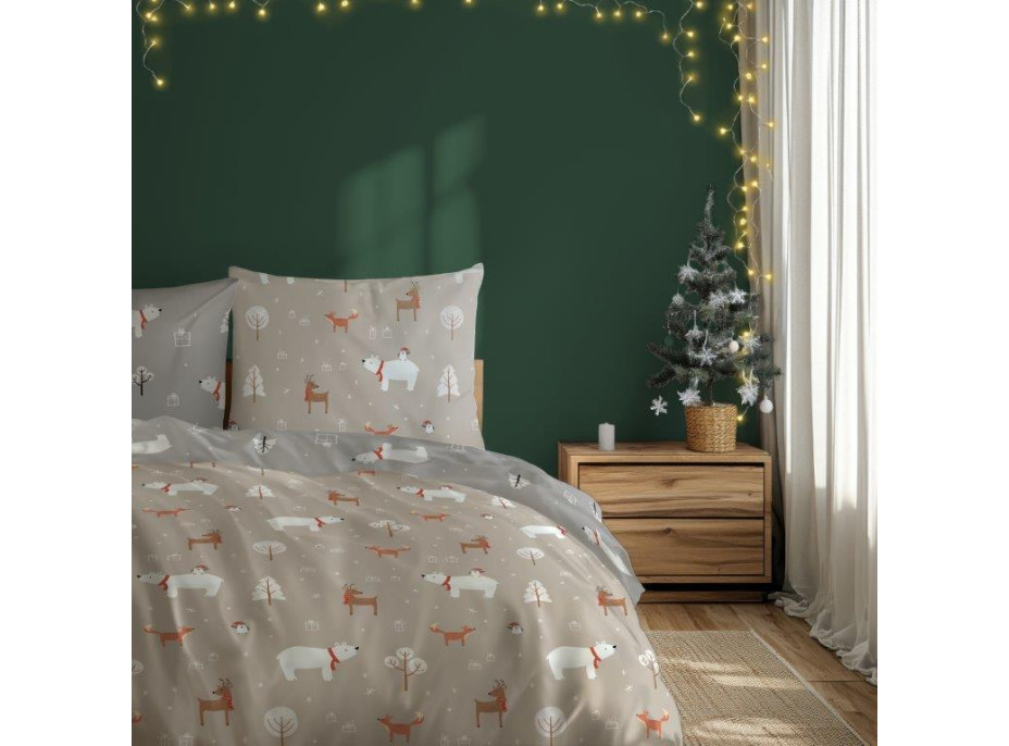 Bavlnené obliečky SCANDIC Zvieratká v lese - béžové / šedé - 160x200 cm