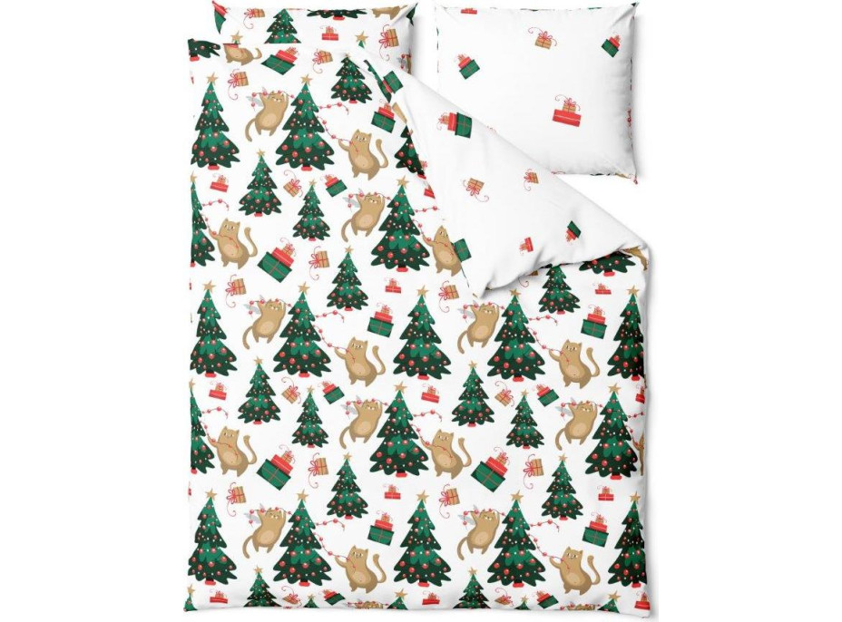 Posteľné obliečky z mikrovlákna HOLLY JOLLY Mačky a stromčeky - biele - 220x200 cm