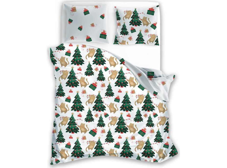 Posteľné obliečky z mikrovlákna HOLLY JOLLY Mačky a stromčeky - biele - 220x200 cm