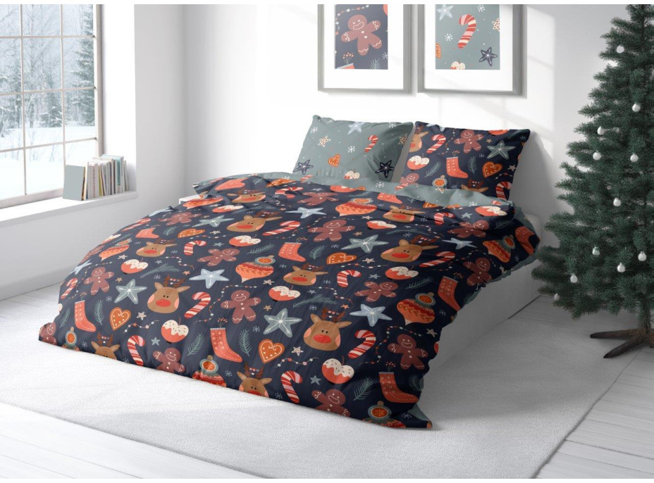 Posteľné obliečky z mikrovlákna HOLLY JOLLY Vianočný motív - tmavo modré / šedé - 220x200 cm