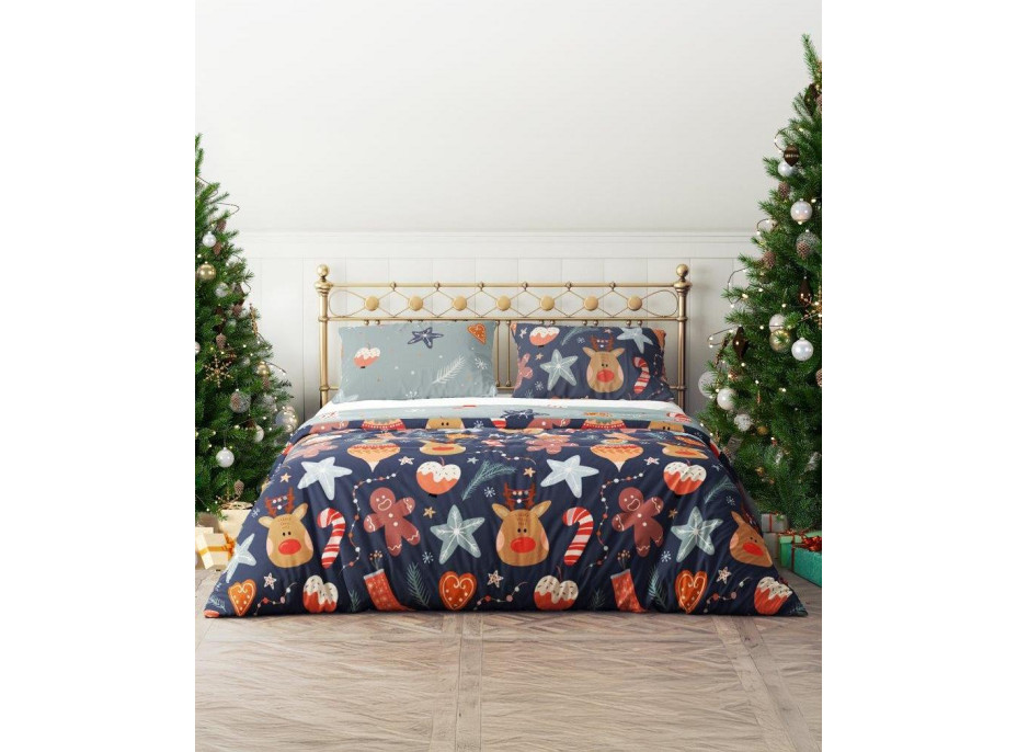Posteľné obliečky z mikrovlákna HOLLY JOLLY Vianočný motív - tmavo modré / šedé - 220x200 cm