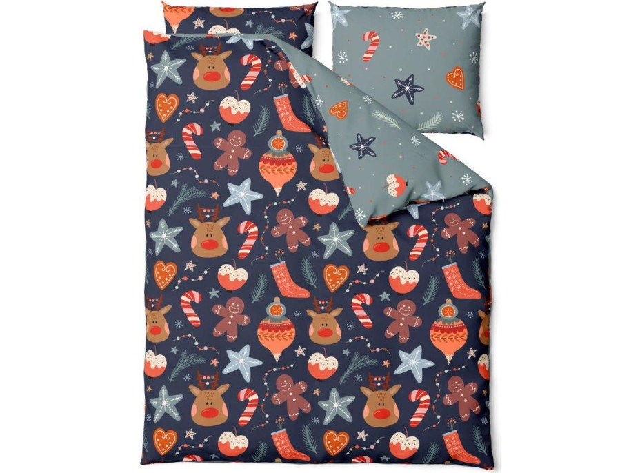 Posteľné obliečky z mikrovlákna HOLLY JOLLY Vianočný motív - tmavo modré / šedé - 220x200 cm