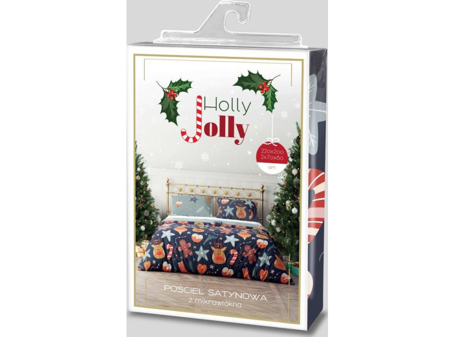 Posteľné obliečky z mikrovlákna HOLLY JOLLY Vianočný motív - tmavo modré / šedé - 220x200 cm