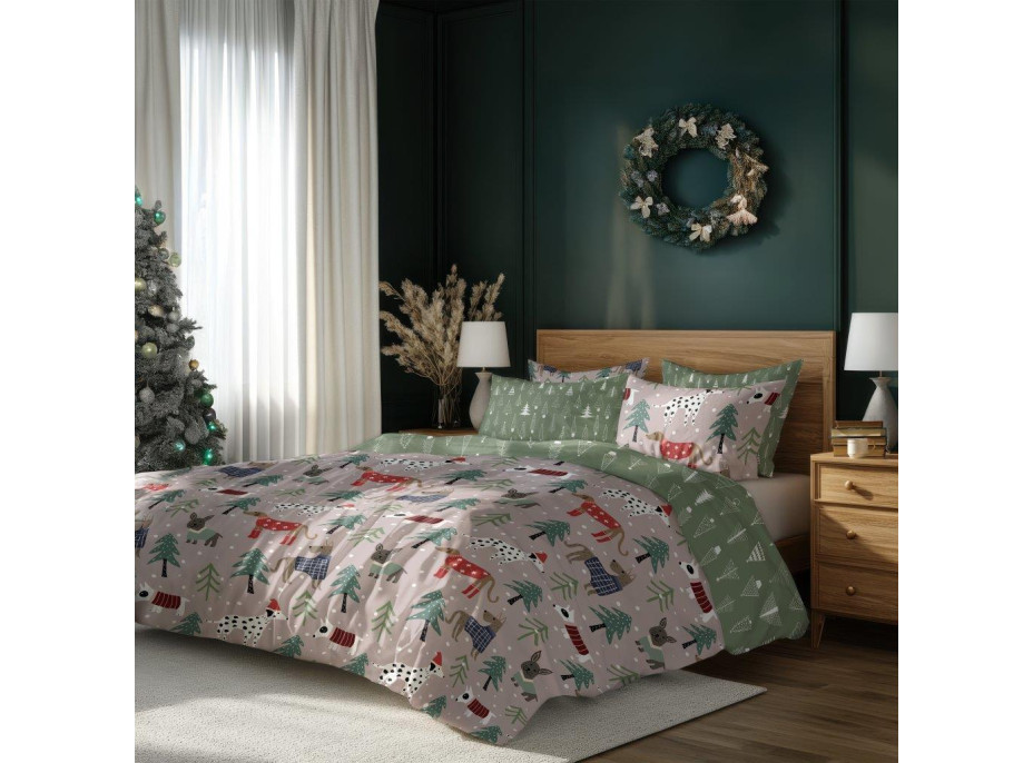 Posteľné obliečky z mikrovlákna HOLLY JOLLY Psíci v lese - hnedé / zelené - 220x200 cm