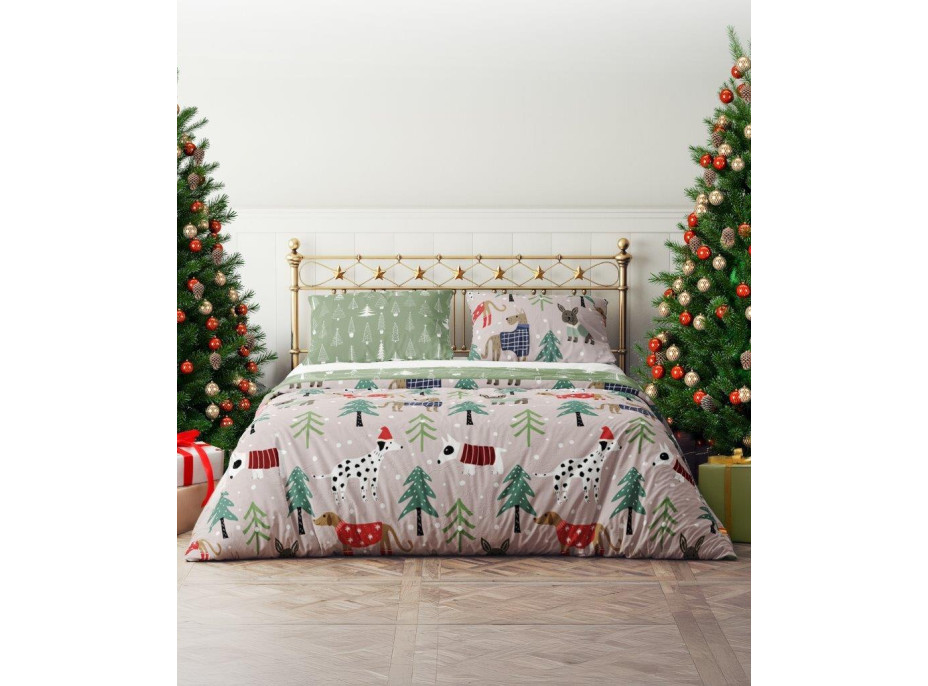 Posteľné obliečky z mikrovlákna HOLLY JOLLY Psíci v lese - hnedé / zelené - 220x200 cm