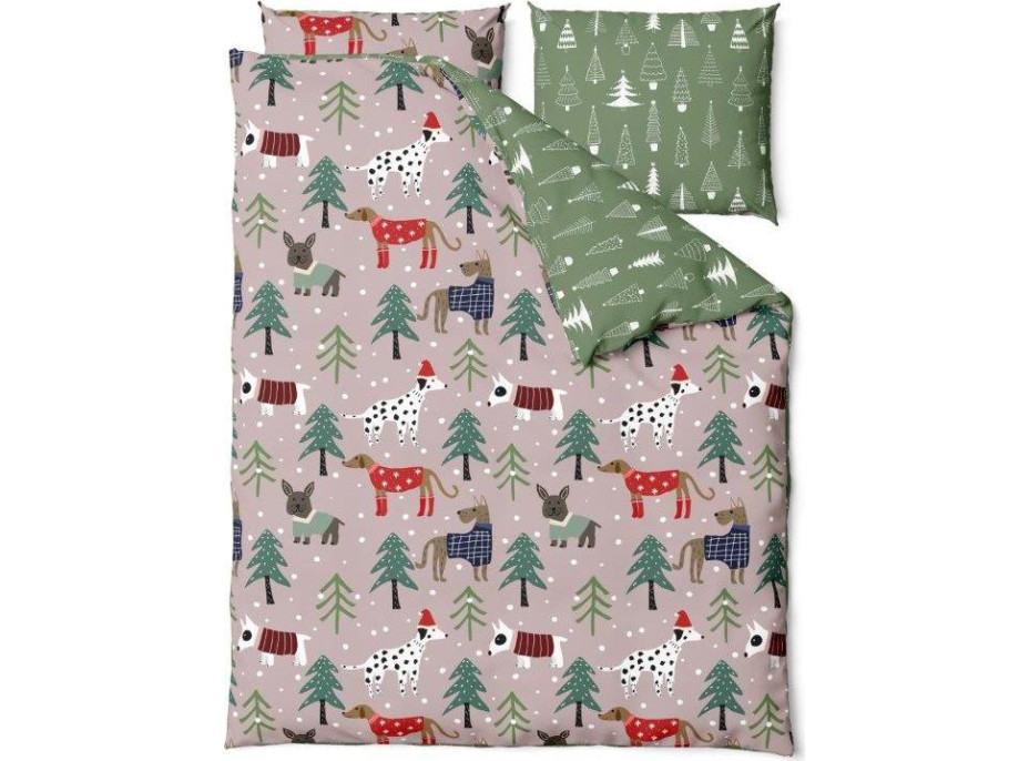 Posteľné obliečky z mikrovlákna HOLLY JOLLY Psíci v lese - hnedé / zelené - 220x200 cm