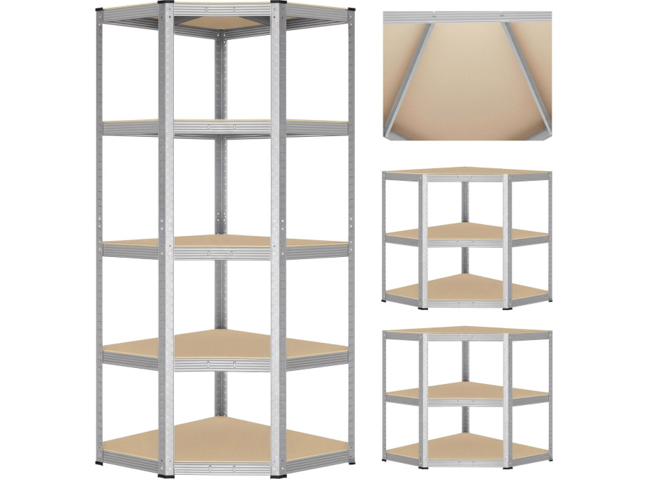 Rohový policový regál - 5 políc - 180x70x40 cm - strieborný