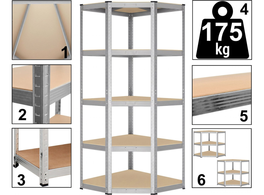 Rohový policový regál - 5 políc - 180x70x40 cm - strieborný